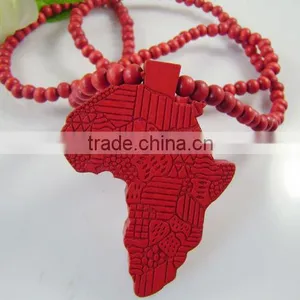 Hip Hop Wood Africa Map Pendant With 36 Inches Wood Beaded Chain thumbnail-1