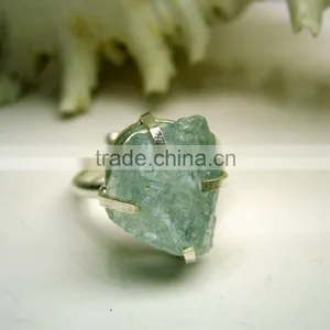 Aquamarine Rough Natural Gemstone Ring, 925 Solid Sterling Silver Ring, Designer Raw Prong Ring thumbnail-3