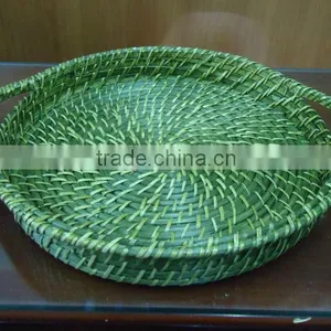 Lacquer Round Tray, Woven Rattan Tray, Bamboo Serving Tray thumbnail-1