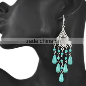 2016 Fashion New Bohemia Bead Pendant Gypsy Style Turquoise Tassel Long Dangle Earrings thumbnail-1