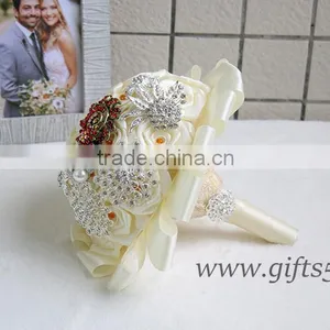 Amazing Wedding Bouquet With Rhinestones Beadings Pearls and Glaring Jewels Satin Ribbon Bow Knot thumbnail-3