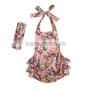 Wholesale Boutique Baby Girls Floral Prints Pretty Kids Summer Backless Rompers With Headband thumbnail-2