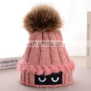 Crochet Stripped Hats Cute Eyes Raccoon/fox Fur Pom Pom Hats thumbnail-1