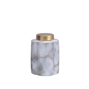 Gold Marble Stripe Sculpture Stone Triangular Conical Covered Flask Ceramic Vase For Living Room thumbnail-5