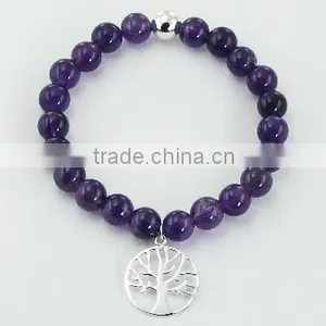 Amethyst Bead Stretch Bracelet 925 Silver Tree of Life Charm thumbnail-1