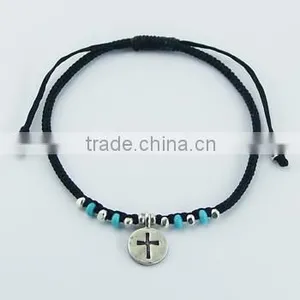 Macrame Bracelet Silver Disc With Cross and Turquoise Beads thumbnail-1