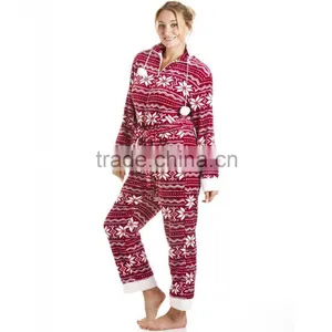 Womens Red And White Floral Printed Fleece Hoody Nordic Supersoft Jumpsuit thumbnail-1
