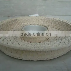 White Rattan & Ceramic Round Tray thumbnail-1