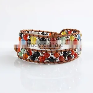 Pure Manual Discus Agate Bracelet Around Two Laps Leather Bracelet Grey Leather Bracelet thumbnail-2