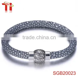 Bio Magnetic Bracelet Unisex Genuine Grey Stingray Cord Leather Bracelet Bangle Stainless Steel Charm Jewelry 2017 for Men Women thumbnail-1
