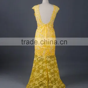 RSE676 Yellow Sexy See-Through Lace Back Open Evening Dress With Shawl thumbnail-4