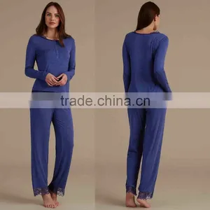 Nude Sleepwear Lace Trim Long Sleeve Pyjama Set Wholesale Custom High Quality Womens Sleepwear Sets thumbnail-1