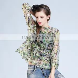 2015 HOYUGO Summer Organza Printed Sexy Blouses thumbnail-1