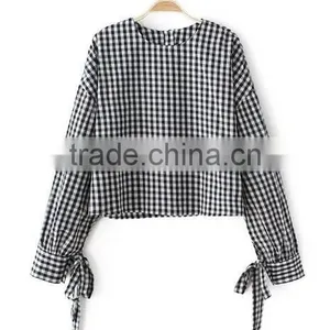 Runwaylover EY2333B Europe Style 2017 Women Fashion Flare Sleeve Plaid Blouse thumbnail-3