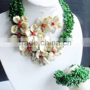 Free Shipping!!! Beauty Design for Bride With Green Coral and Shell Flower Necklace Earrings and Bracelet thumbnail-3