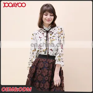 Women Latest Fashion Blouse Designs Flora Printed Long Sleeves Sheer Chiffon Blouse thumbnail-3