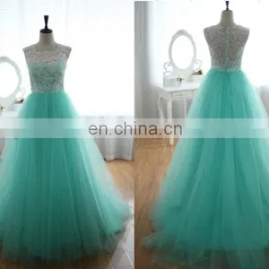 Free Shipping Cheap Jewel Collar Sleeveless Pleat Lace and Tulle Blue A-line Long Real Evening Dress Express thumbnail-1