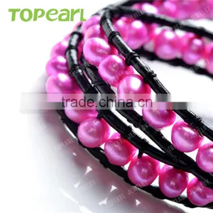 Topearl Jewelry 2016 Popular Potato Shape Rosy Freshwater Pearl Bracelet Woven Leather Wrap New Models Bracelets CLL163 thumbnail-3