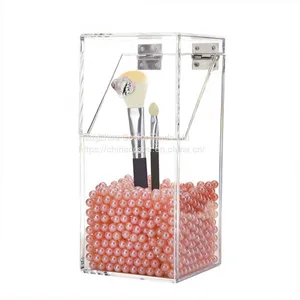 Covered Makeup Brush Holder With Dustproof Lid, Pearls Beads, Large Capacity Acrylic Clear Cosmetic Brush Storage Organizer for Vanity thumbnail-3