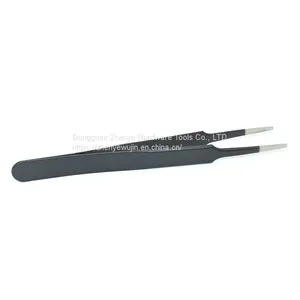 ESD High-precision Straight Elbow Anti-static Electronic Maintenance Tool Flat Head Black Stainless Steel Tweezers ESD-13 thumbnail-1