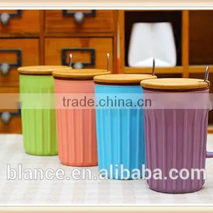 Colorful Stripe Embossed Ceramic Cup With Lid and Spoon thumbnail-3