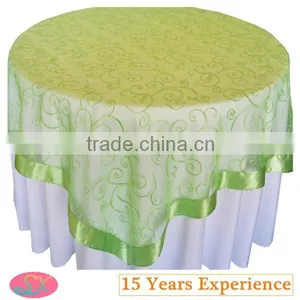 100%Polyester Satin Hemmed Scroll Embroidered Organza Plastic Table Overlay For Hotel/Banquet/Wedding/Party thumbnail-1