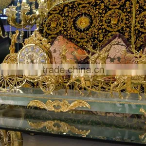 Antique 24K Gold Plated Deer Pulling Cart Table Clock, Marble Base Design Copper Table Clock thumbnail-2