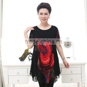 Elegant Lace Formal Short Sleeve Printed Floral Loose Blouses for Old Ladies thumbnail-1