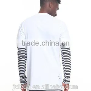 Crew Neck Tees Sleeve Color Block Stripe Layer Men's Longline t Shirt thumbnail-6