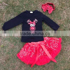 Full Stock Reindeer Long Sleeve Christmas Top X-mas Design Red Sequin Dress Girls Party Dress With Matching Accessory Set thumbnail-2