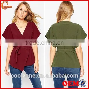 Wholesale Wide-cut Cuffs Wrap Design Lady Blouse,fashion Belted Blouse 2016 thumbnail-1