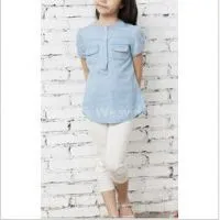 Girls' Collarless Short Sleeve Denim Shirt thumbnail-1