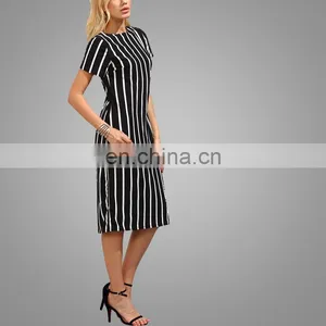 Elegant White and Black Vertical Striped Dress Short Sleeves Midi Dress thumbnail-4