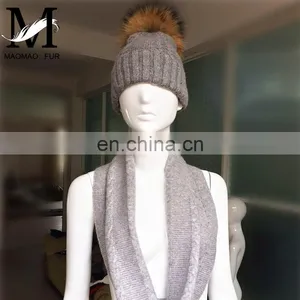 Thick Soft Shawl Fashion Winter Raccoon Fur Pom Hats Long Collar Scarf Hat Glove Sets thumbnail-3