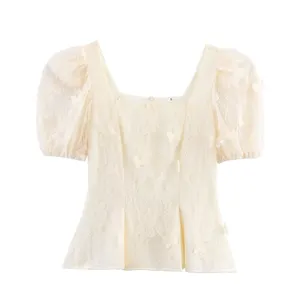 2025 New Chiffon Printed Women's Summer Outfit, New Cover Belly Slimming Round Neck Embroidered Bubble Sleeve Top thumbnail-1