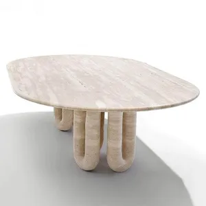 Light Luxury Natural Travertine Marble Stone Coffee Table Modern Minimalist Oval Coffee Table With Roman Column Base thumbnail-4