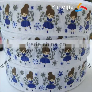 Flying Girls and Snow Flowers Printed White Grosgrain Ribbon thumbnail-1
