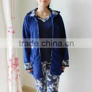 Kevince Flannel & Interlock Pyjamas 3pcs Set Knitting Womens Pajama Navy Flower 1000pcs up OEM Factory Directly thumbnail-2