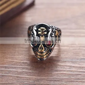 Gold Silver Engraved Vintage Gothic Surgical Stainless Steel Skull Ring for Man thumbnail-2