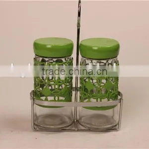 Set of 2 Round Glass Spice Jar Glass Condiment Jar With Metal Shelf thumbnail-2