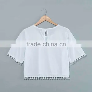 Pompon Crop Top T-shirt Sublimation Blank. no Minimum Qauntity Real Factory . Sublimation Blank thumbnail-2