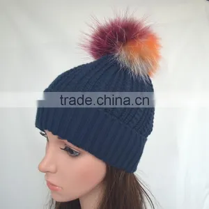 Myfur Navy Color Adults Winter Wool Beanie With Raccoon Fur Pompom Top thumbnail-1