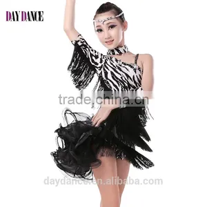 Girls Leopard Sexy Open Back Cocktail Latin Dance Dress Kid Child Unequal Tassel Sleeve Performance Dress thumbnail-1