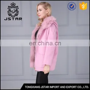 Pink Cheap Sheep Wool Fur Coat With Detachable Fur Inside thumbnail-3
