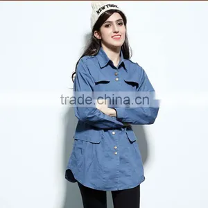 Denim Jacket 2014 New Women Coat Female Long European Full Regular Sleeves Slim Metal Buttons Jean Jackets Solid WholeSale thumbnail-2