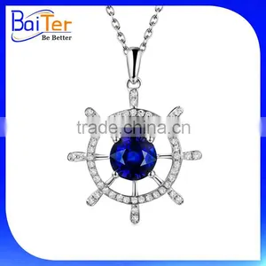 Custom Wholesale White Gold Plated Trillion Cut Halo Setting 925 Sterling Silver Lab Created Blue Sapphire Pendant thumbnail-2