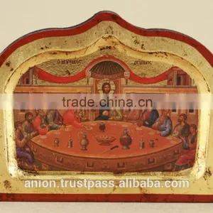 Greek & Russian Orthodox Wooden Icon. Last Supper. Unusual Shape thumbnail-1