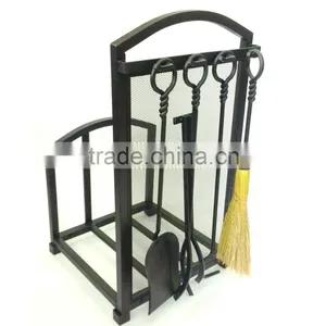 5 Piece Matte Black Hearth Center, Log Rack With Fireplace Tools thumbnail-2
