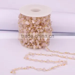 Rose Quartz Chip Beads Gem Stone Chain, Golden Plated Brass Wire Wrapped Rosary Style Chains thumbnail-2