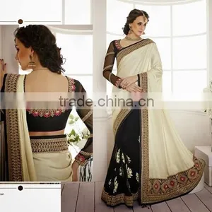 OFF WHITE GEORGETTE ON NET SAREE thumbnail-1